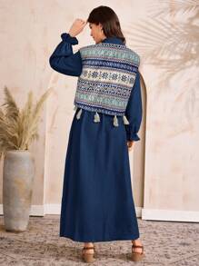 Al Najma 女士阿拉伯时尚套装，长袖，适合夏季 - 藏蓝色 - 查看 3