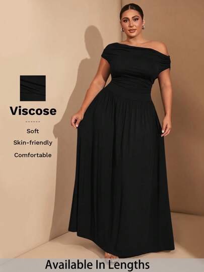 SHEIN Tall CURVE Elegantes Damen Große Größen Maxikleid aus dehnbarem Stoff in Schwarz oder für den täglichen Tragen, Partys, Off-Shoulder, große Größen