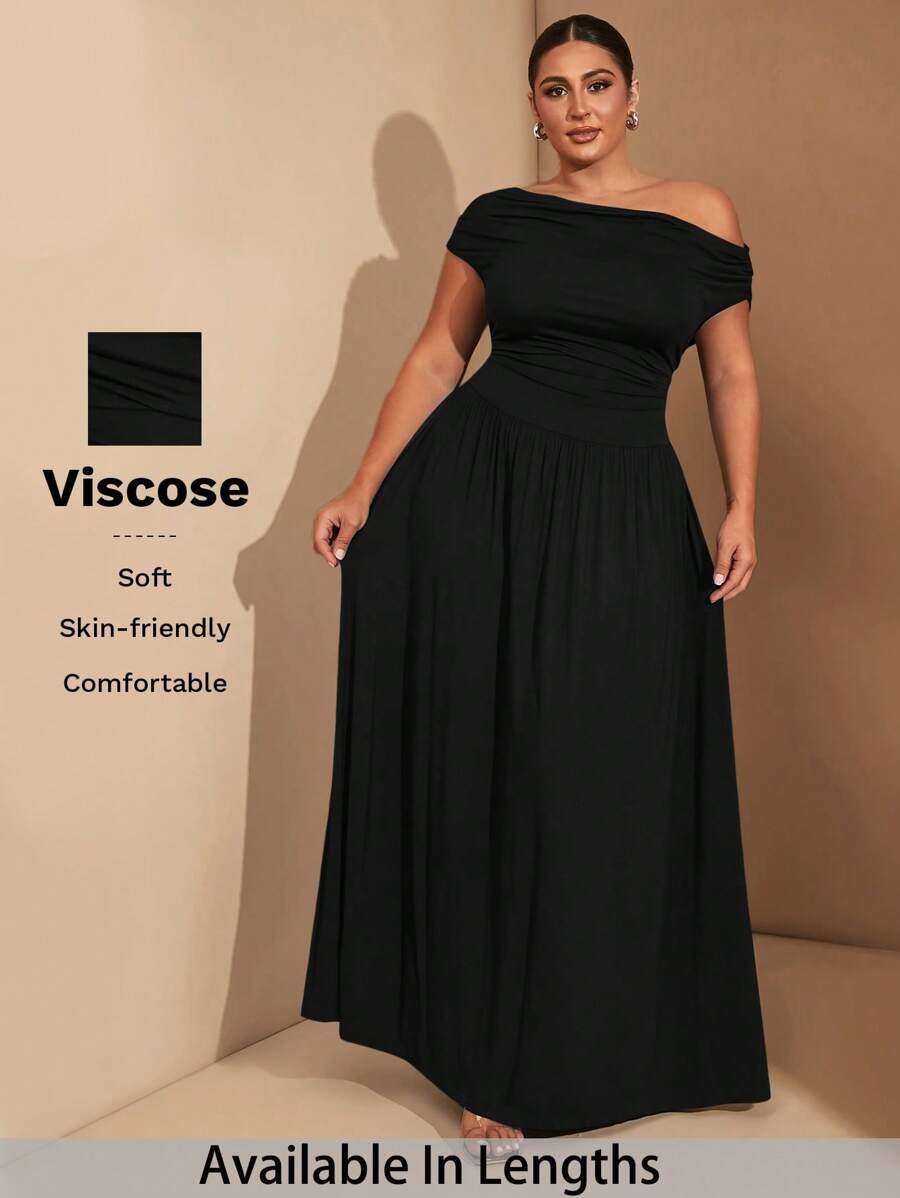 SHEIN Tall CURVE Váy Maxi chữ A thanh lịch, vải co giãn siêu đa năng cỡ lớn cho nữ, màu đen hoặc mặc hàng ngày, dự tiệc, trễ vai, dành cho phụ nữ to lớn - màu đen - Xem 1