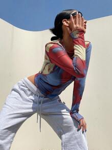 DAZY 扎染生菜边网眼上衣（无胸罩）长袖女式上衣，秋季女装 - 彩色 - 查看 7