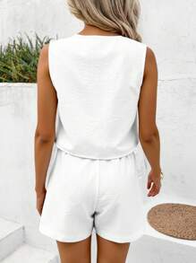 SHEIN VCAY Casual Minimalist Resort Style 2 Pieces Set With Ribbon Tie Bow Decor, Suitable For Summer,Cute Summer  Set,European Summer - Multicolor - View 6