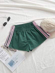 SHEIN PETITE Pantalones cortos casuales de verano para mujer con rayas laterales y cintura elástica, sueltos
