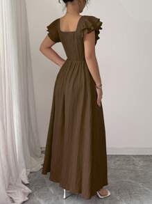Selianne 新款女式方领双层荷叶边袖前蝴蝶结后收腰时尚休闲百搭优雅中长连衣裙 - 棕色 - 查看 2