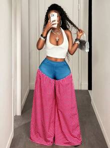 BamGleam Pantalón largo casual de mujer con parches de jean y cuadros - Multicolor - Ver 1