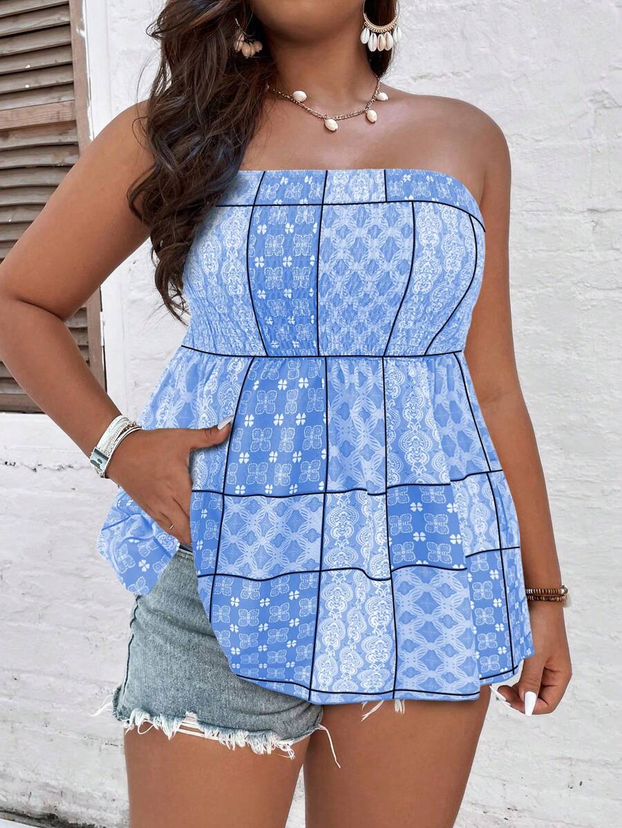 SHEIN Holidaya Plus Size Women Vacation Floral Print Beach Top - Baby Blue - View 1