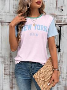 SHEIN LUNE 休闲简约条纹撞色英文字母印花宽松圆领短袖T恤女款，适合夏季，适合机场穿 - 彩色 - 查看 8