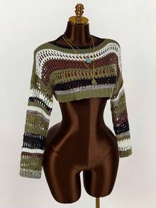 Amplova Áo len crop vai trễ vai họa tiết sọc, áo dài tay - Nhiều màu - Xem 4