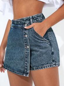 SHEIN PETITE 女式单排扣不对称下摆休闲牛仔裙裤 - 藍色 - 查看 5