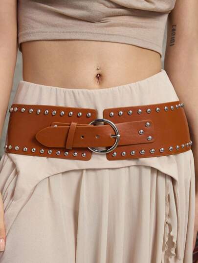 J-Fashion 1 pieza Cinturón ancho estilo western para mujer con remaches en color marrón, accesorio versátil y casual para vestidos y jeans