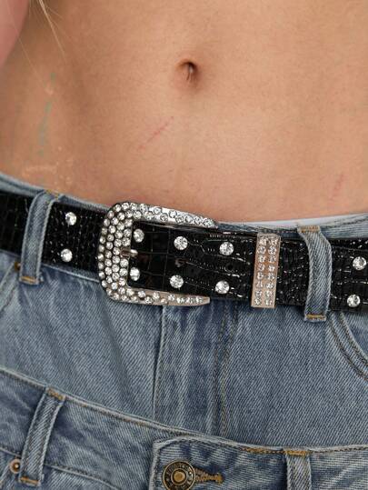 Grunge Punk 1 pieza Cinturón de mujer de piel con estampado de cocodrilo negro con decoración de rhinestones, accesorio de estilo punk para jeans, versátil para uso diario