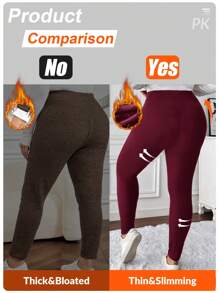 SHEIN LUNE Plus Size Casual Solid Color Thermal Lined Leggings For Winter Thermal Lined Leggings Women Warm Leggings Women Winter Leggings Thermal Leggings Cozy Leggings Women Thermal Lined Leggings - Burgundy - View 6