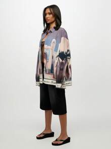 SUMWON WOMEN Scenic Print Long Sleeve Resort Collection Shirt Blouse Luxury Vacation Holiday Summer Casual Beachwear Button Down Top Travel Leisure Wear - Multicolor - View 5