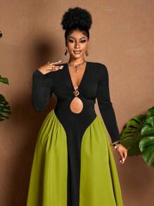 Maweii 大码女式长袖性感V领金属纽扣条纹拼接喇叭下摆休闲/工作连衣裙，秋冬 - 彩色 - 查看 4