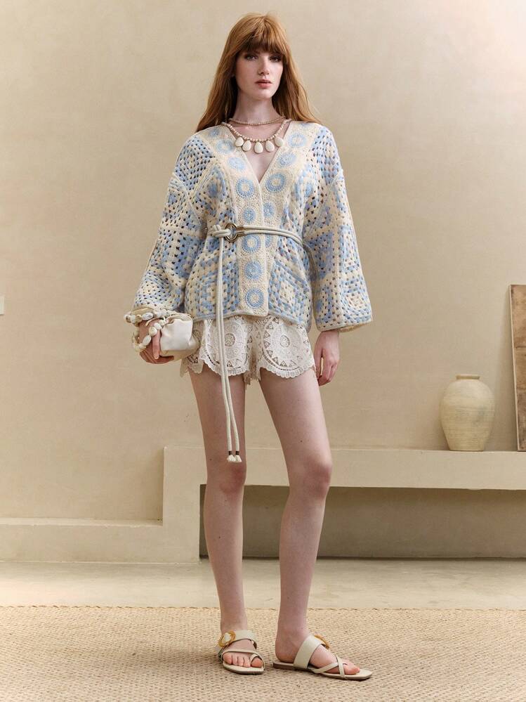 Arave Chaqueta de punto holgada de mujer con manga dolman y patrón geométrico de ganchillo - Azul y blanco - Añade 7