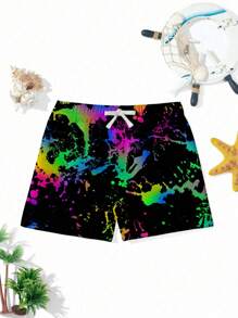 青少年男孩休闲时尚涂鸦彩色图案印花宽松沙滩短裤，适合夏季、海滩、户外、游泳