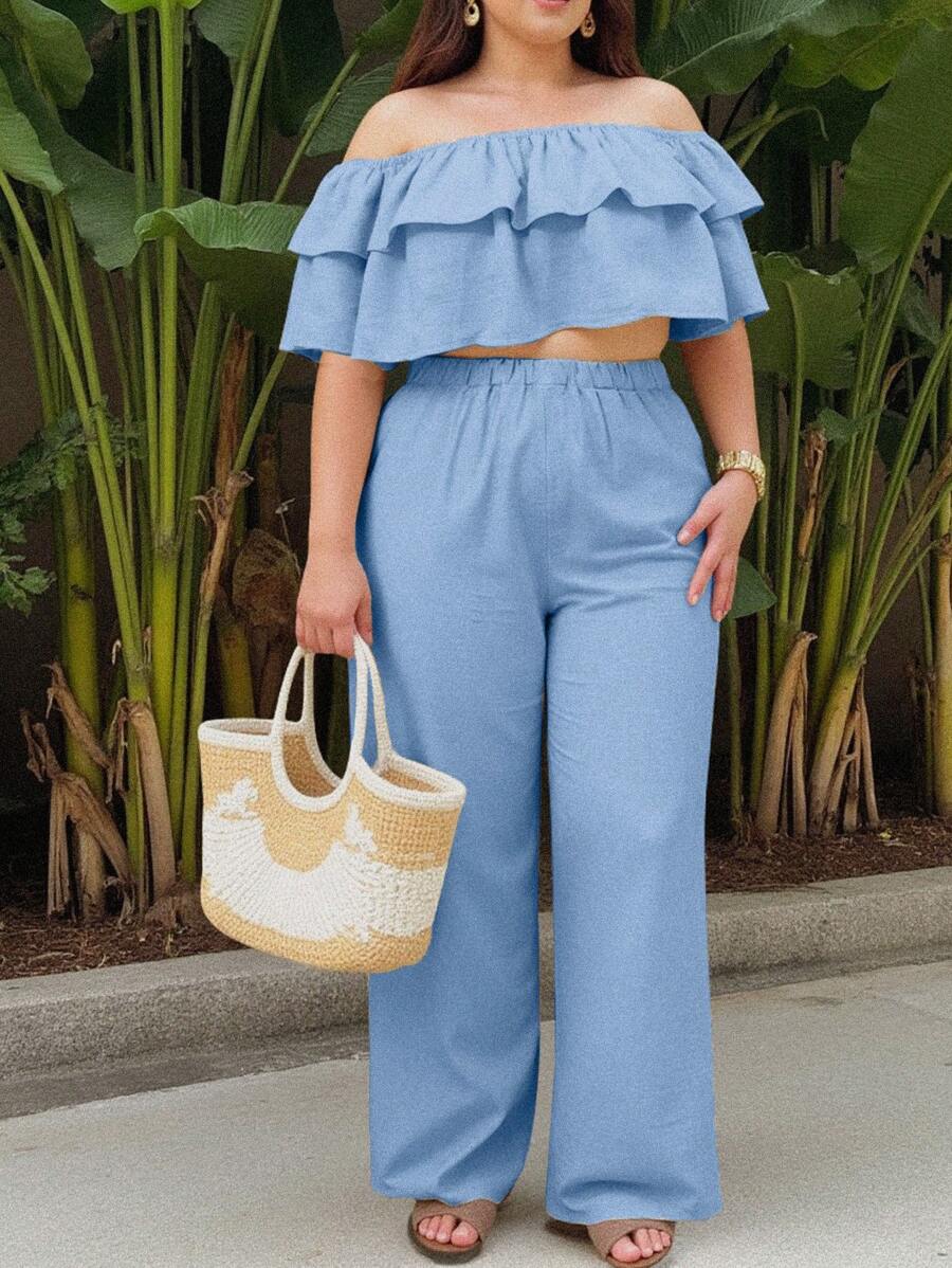 2pcs Plus Size Women Cold-Shoulder Top And Wide-Leg Pants Set - Blue - View 1