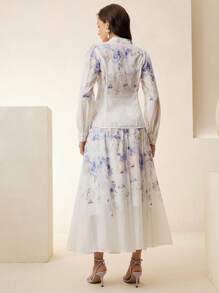 Anewsta Set de 2 piezas de camisa de manga larga y falda larga con estampado elegante - Azul - Ver 2