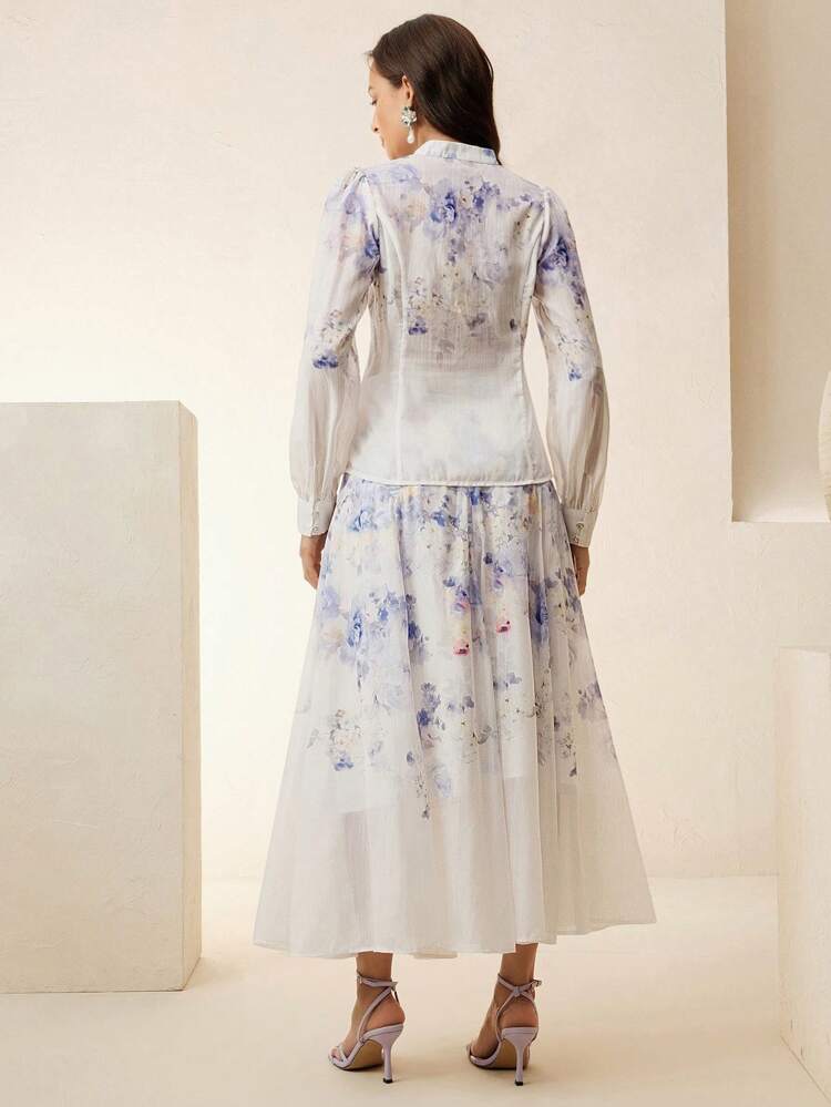 2pcs/Set Elegant Printed Long Sleeve Shirt And Long Skirt Outfit