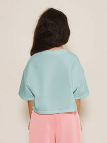 Butterfly Boxy T-Shirt Youth Girls Summer Casual Short Sleeve Everyday Crop Top Spring Classic Embroidered Design Wear - Teal Blue - View 2