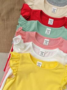 SHEIN Leap Crew 8pcs/Set Baby Girl Cute Short Cap Sleeve Solid Knit Tops, Summer - Multicolor - View 5