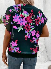 SHEIN LUNE 2025 Summer New Arrival Mesh Flower Print Slim-Fit T-Shirt - Black - View 2