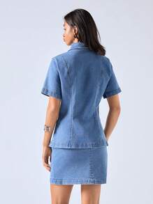 LYSMO 女式休闲牛仔短袖上衣和迷你裙套装 - 藍色 - 查看 2