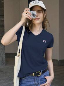 Jouncy Women's Casual Bowknot Print Short Sleeve T-Shirt, Summer - Royal Blue - View 5