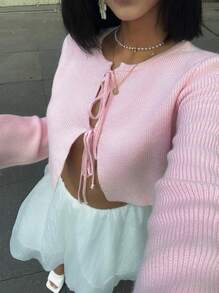 Jouncy Women's Casual Solid Color Tie Front Crop Cardigan With Flare Sleeves Fall Winter Cloth For Women - Pink - View 2