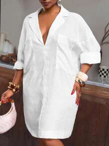 Slaydiva 大码纯色落肩袖夏季宽松纹理面料休闲连衣裙 - 白色 - 查看 3