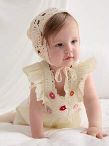 Cozy Pixies Bộ đồ liền thân tay ngắn cổ vuông họa tiết hoa 3D cho bé gái kèm quần short, thoải mái và đa năng - Nhiều màu - Xem 7