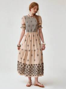 Florisole 波西米亚拼色连衣裙，夏季 - 杏色 - 查看 5