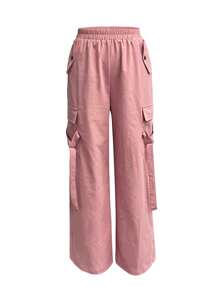 Chiquease Women's Casual Daily Solid Color Elastic Waist Pocket Pants Fall Cloth For Women - Pink - View 3