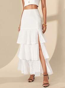 Almamuse Women High Waist Embroidered White Eyelet Skirt,Elegant Classy Summer Vacation Holiday Layered Ruffled Slit Tiered Ruffle Skirts Fall Cloth For Women - White - View 1