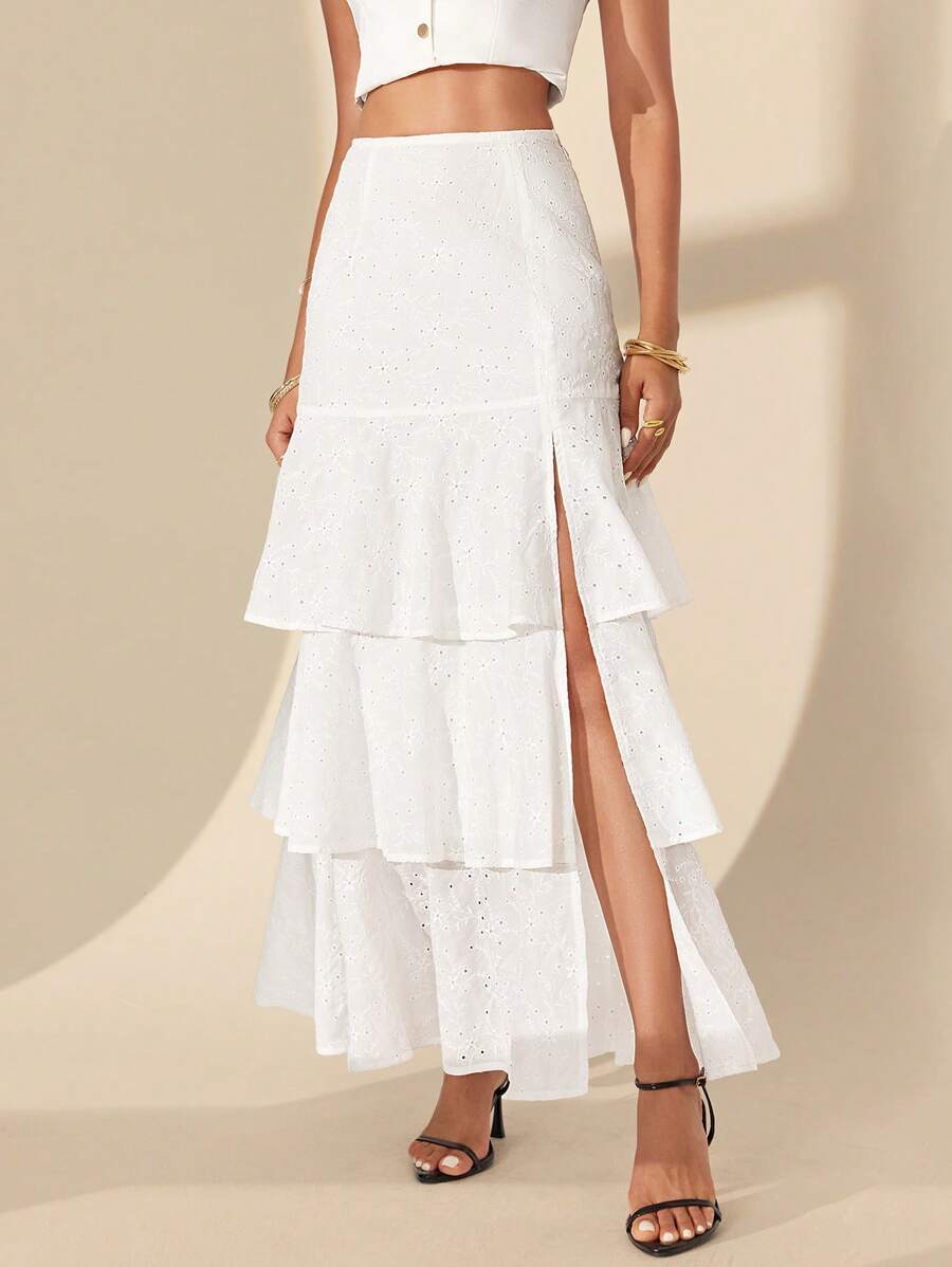Almamuse Women High Waist Embroidered White Eyelet Skirt,Elegant Classy Summer Vacation Holiday Layered Ruffled Slit Tiered Ruffle Skirts Fall Cloth For Women - White - View 1