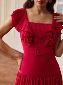 ZEYLAH Women's Elegant Solid Color Ruffle Trim High Waist Midi Dress - Pink - View 2