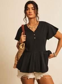 SHEIN VCAY Plus Butterfly Sleeve Peplum Tee - Black - View 5