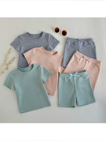 Loomiva 6件套男婴纯色针织柔软圆领短袖套头衫和松紧腰短裤套装