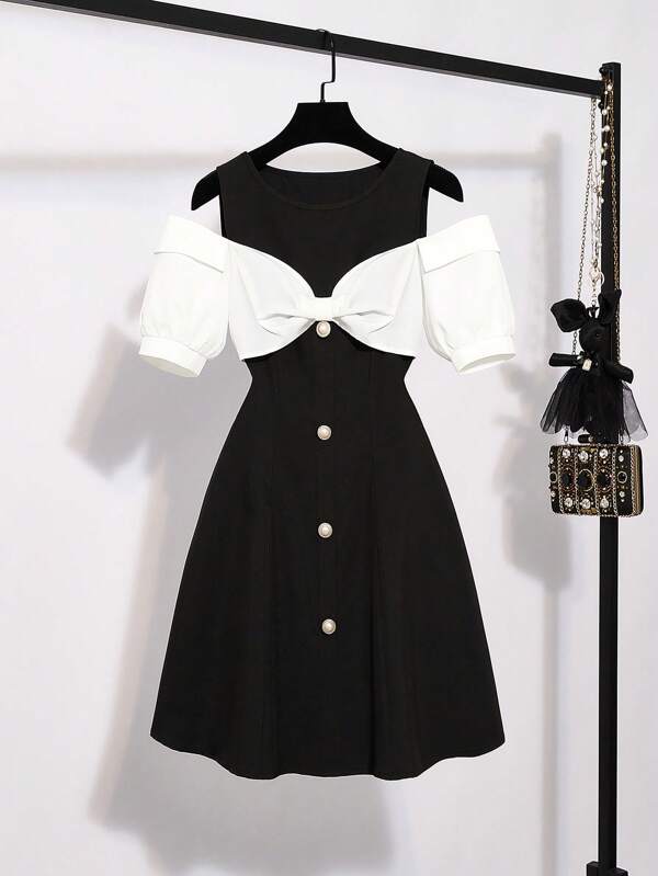 Flirla French Style Bicolor Patchwork Casual Cute Off Shoulder Mini Dress For Women, Spring/Summer