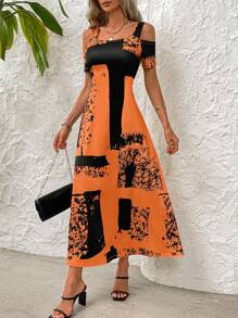 SHEIN LUNE 女式拼色连衣裙，适合夏季长款女装 - 橘色 - 查看 6