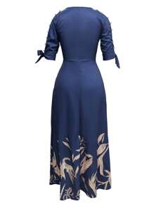 INAWLY 女士长裙 V 领仿珍珠装饰，简约时尚休闲日常 - 寶藍色 - 查看 2