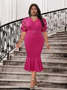 SHEIN Lady Váy midi tay ngắn cỡ lớn màu đỏ hồng cổ bẻ kết hợp thắt lưng đuôi cá cho tiệc cocktail đi làm văn phòng thanh lịch mùa xuân và mùa hè - Màu Hồng Tươi - Xem 5