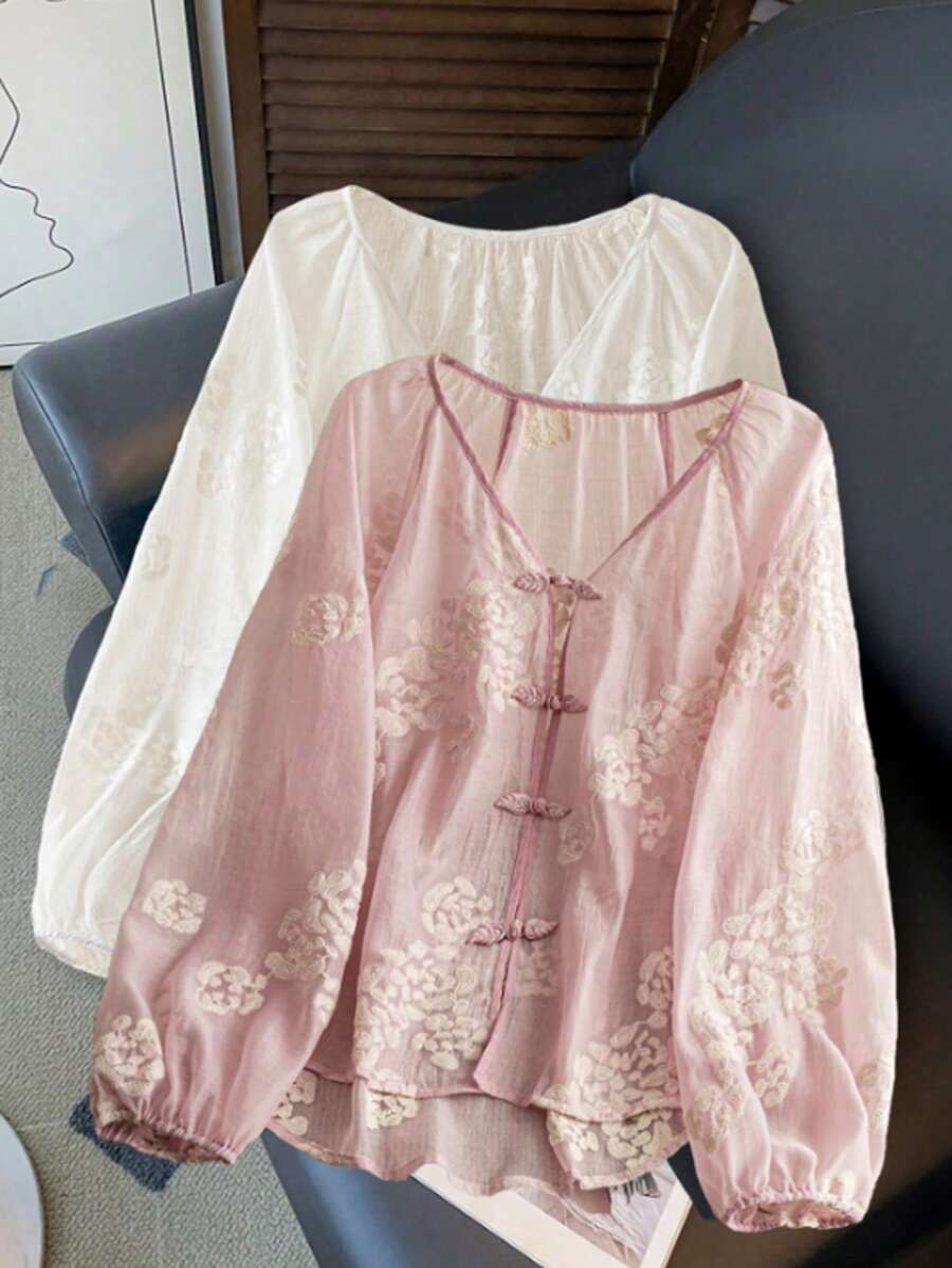INAWLY 女士两件套休闲套装：粉色提花长袖纽扣衬衫 - 彩色 - 查看 1