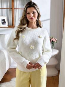 EURMUSE Daisy Delight 3D Floral Embroidered Cozy Knit Sweater  Fall Women Clothes Teacher Outfits For Women Autumn Clothes Daisy Sweater White Sweater Women Womens Pullover Sweater Sweater For Women Jumper For Women,Jumpers,Women's Jumpers - Beige - View 5