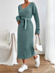 EURMUSE Cotton V-Neck Tie-Waist Design Medium-Length Bodycon Women Sweater Dress,Petite - Mint Green - View 1