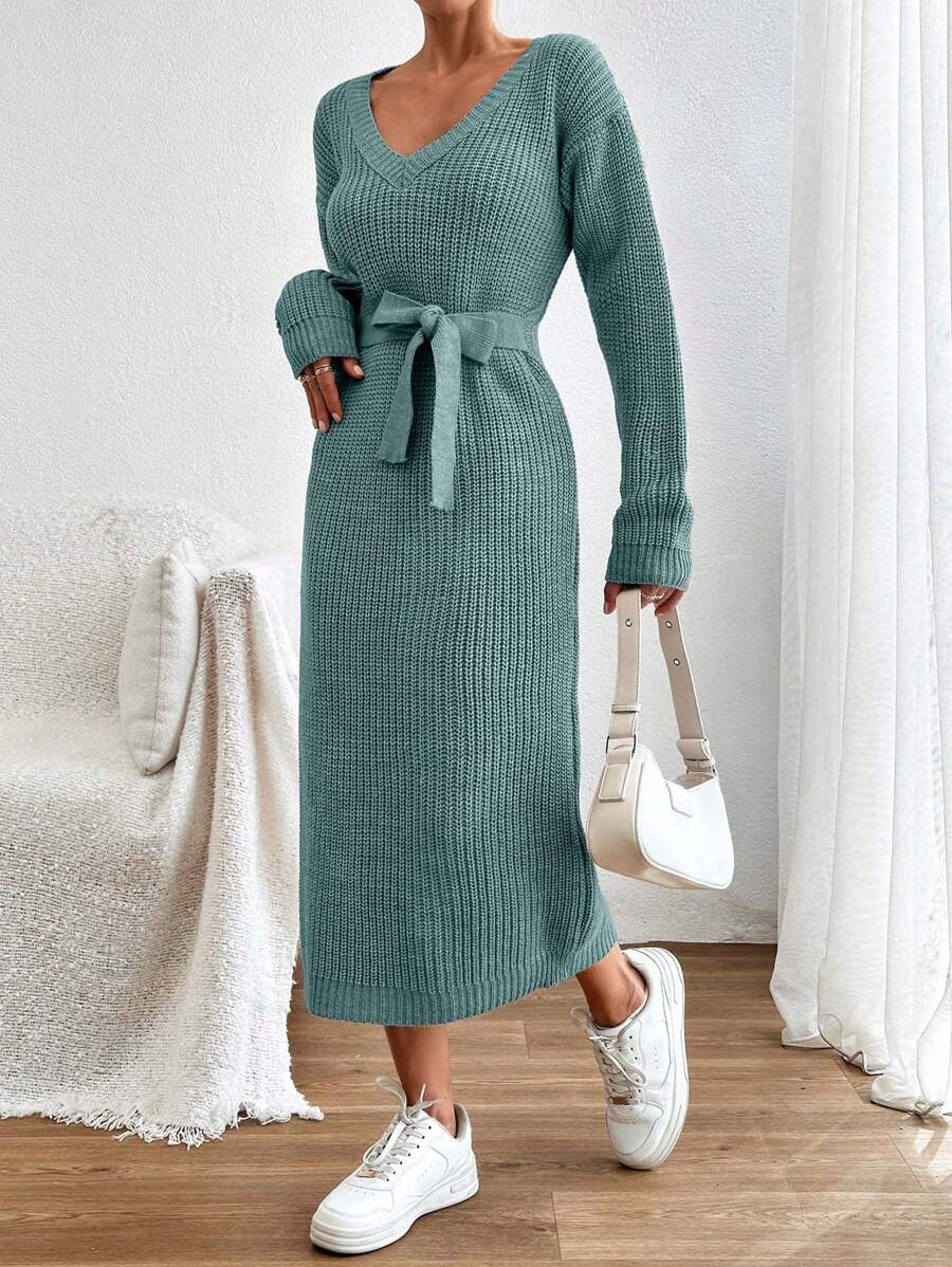 EURMUSE Cotton V-Neck Tie-Waist Design Medium-Length Bodycon Women Sweater Dress,Petite - Mint Green - View 1