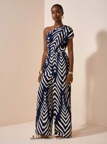 Zivah 2025 夏季新款假日优雅通勤单肩聚拢皇家蓝印花女式连体裤，日常旅行，休闲，朋友聚会，旅行，毕业装，早午餐装，返校，通勤，百搭