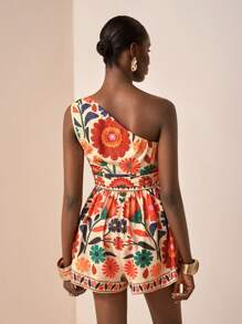 2025新款夏季休闲度假日常约会沙滩派对单肩露肩收腰款式A字阔腿裤短裤全长花朵复古印花杏色底 - 彩色 - 查看 2