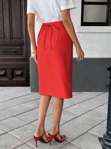 Pariaura Women's Elegant Side Button Straight Skirt, Red - Red - View 2