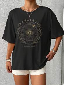 INAWLY Plus Size Women's Summer Slogan And Plant Printed Round Neck Short Sleeve Casual T-Shirt Graphic Tees Women Tops - Black - View 4