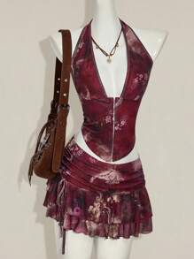 SHEIN ICON Women's Retro Floral Print Sexy Halter Neck Crop Top And Mini Skirt Set Vintage Clothes Havana Nights Outfit Feminine Clothes